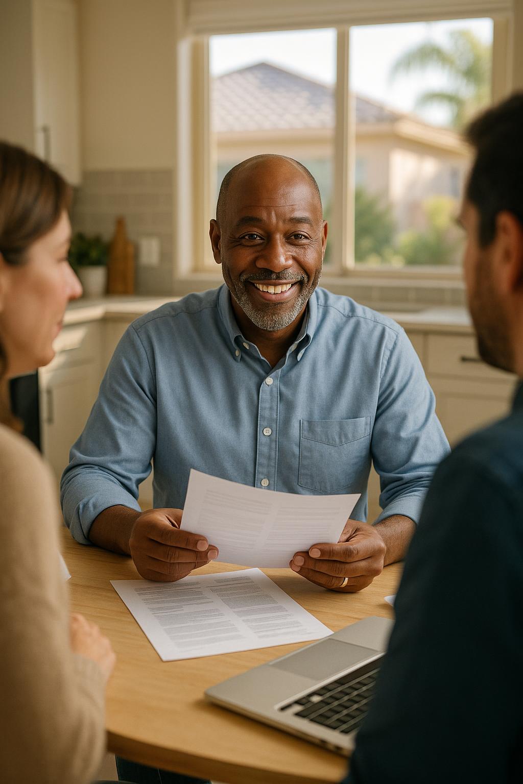 A home buyer reviewing paperwork with a couple at their kitchen table