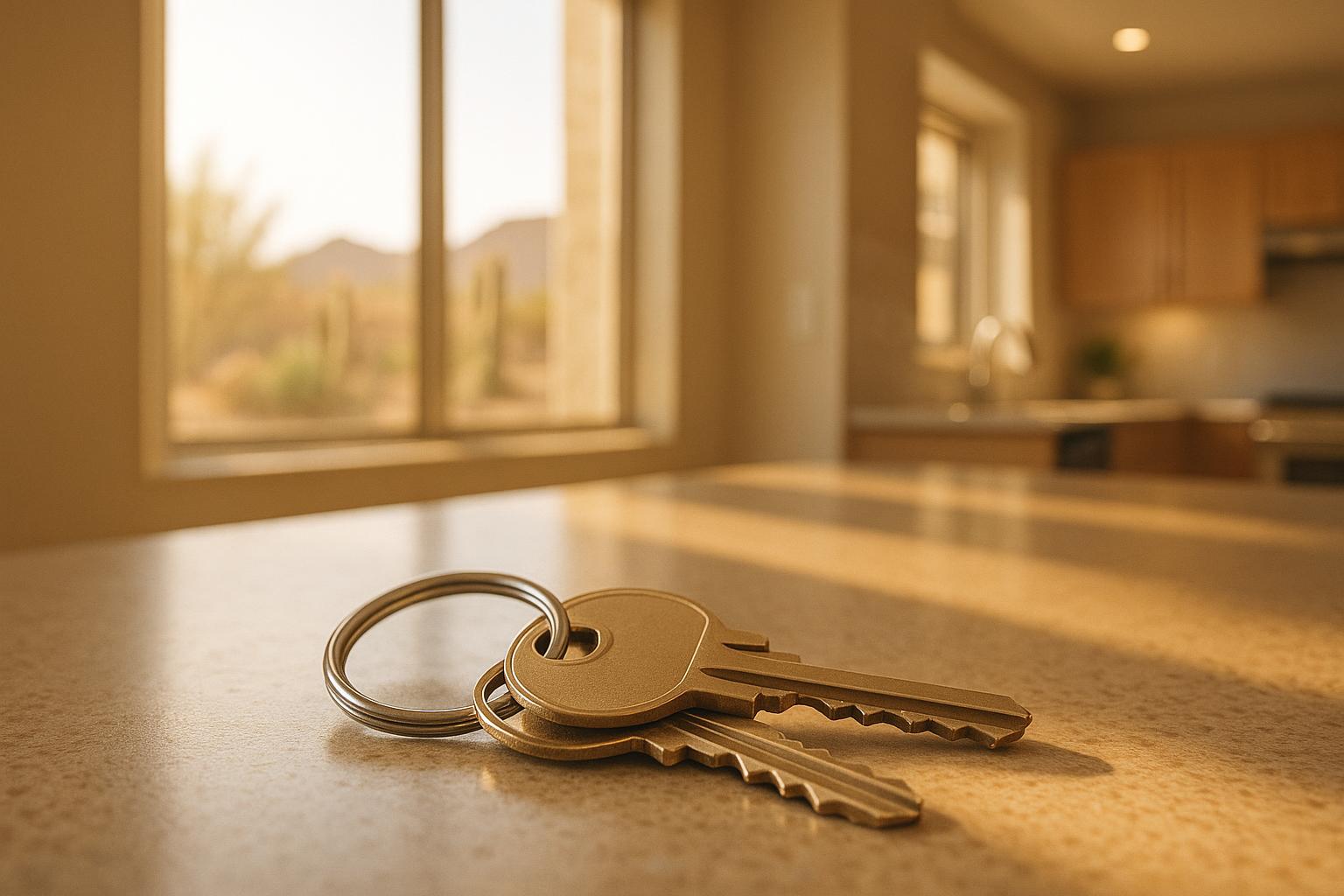 A house key being handed over at the front door of a home